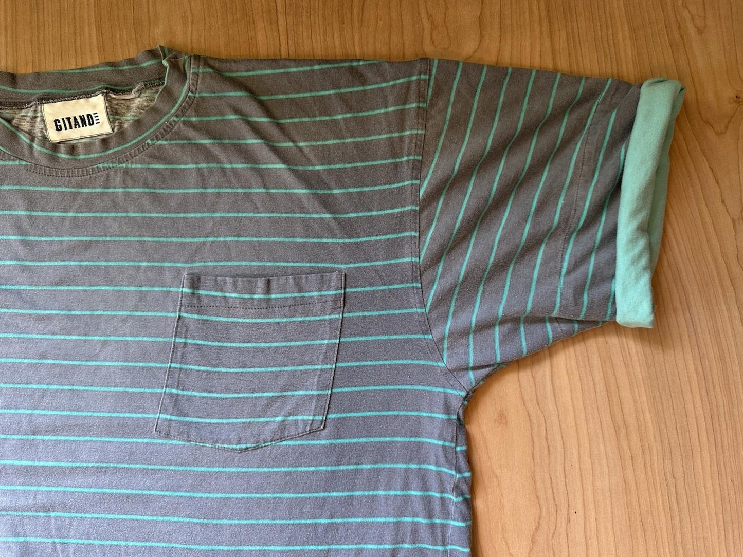 vintage 80's GITANO SHIRT teal and gray STRIPED miami vice LARGE rad sleeves