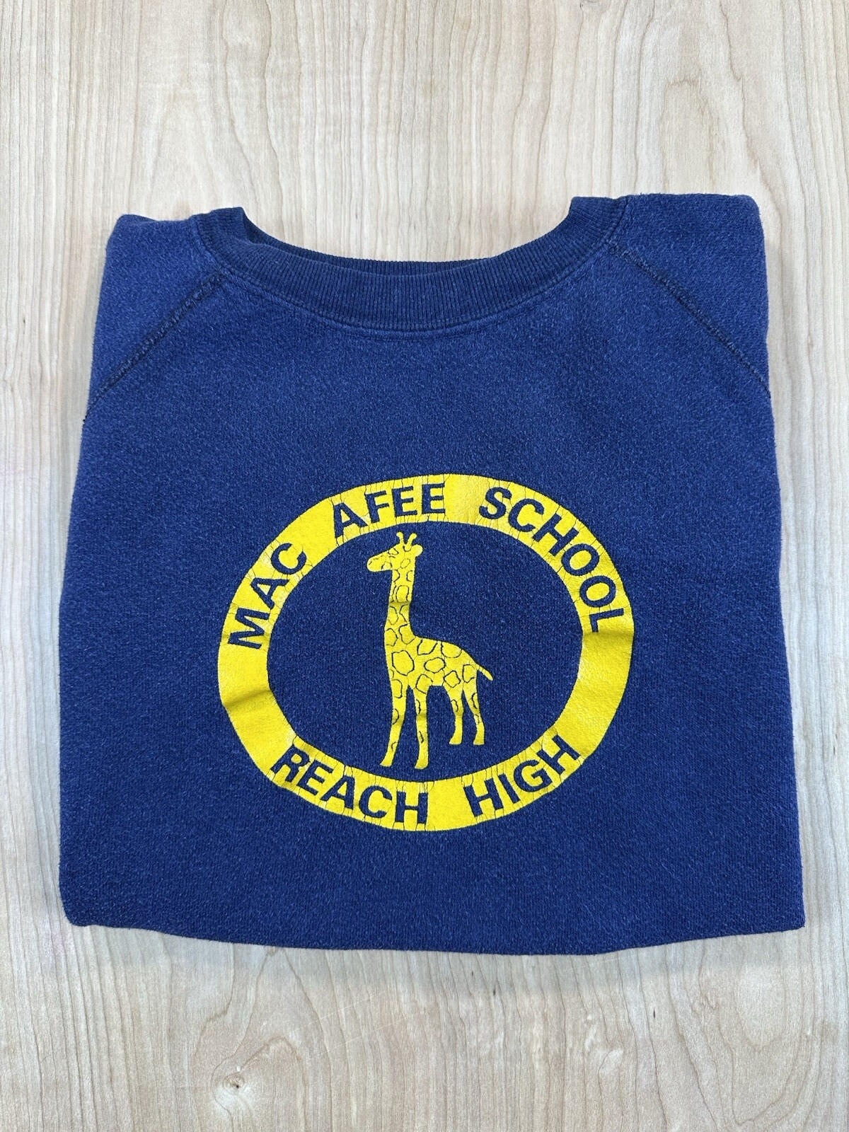 vintage 80's MAC AFEE SCHOOL sweatshirt GIRAFFE raglan BLUE small SOFT WORN wow