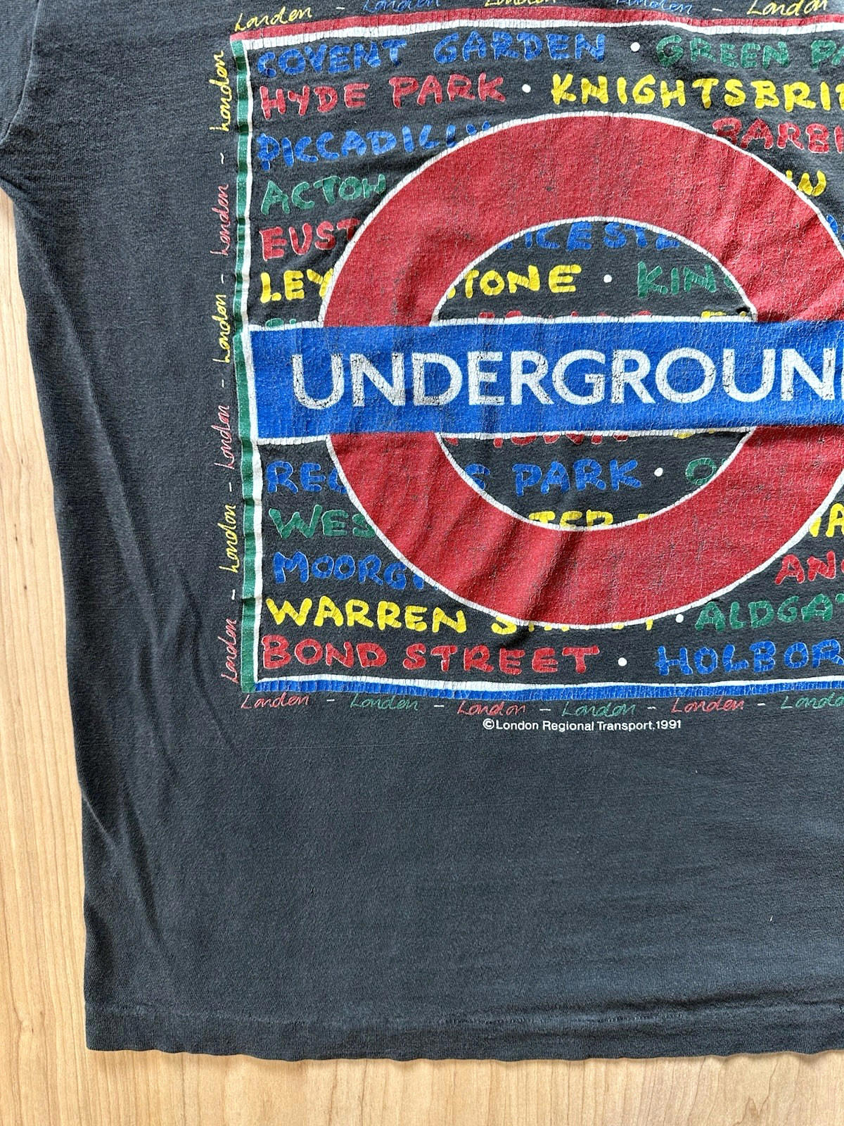 vintage 1991 LONDON UNDERGROUND t shirt LARGE cotton BLACK boho PUNK shred wear