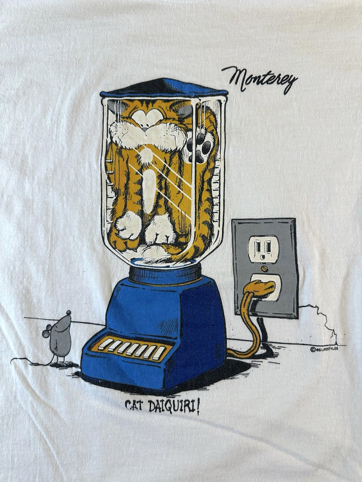 vintage 1986 CAT IN BLENDER cat daquiri MONTEREY california CARTOON T SHIRT