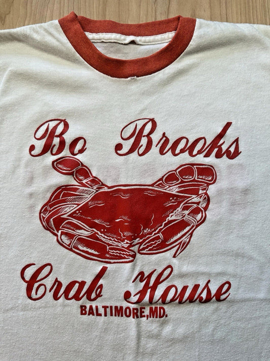 BO BROOKS CRAB HOUSE vintage RINGER T SHIRT single stitch 1980 BALTIMORE rare