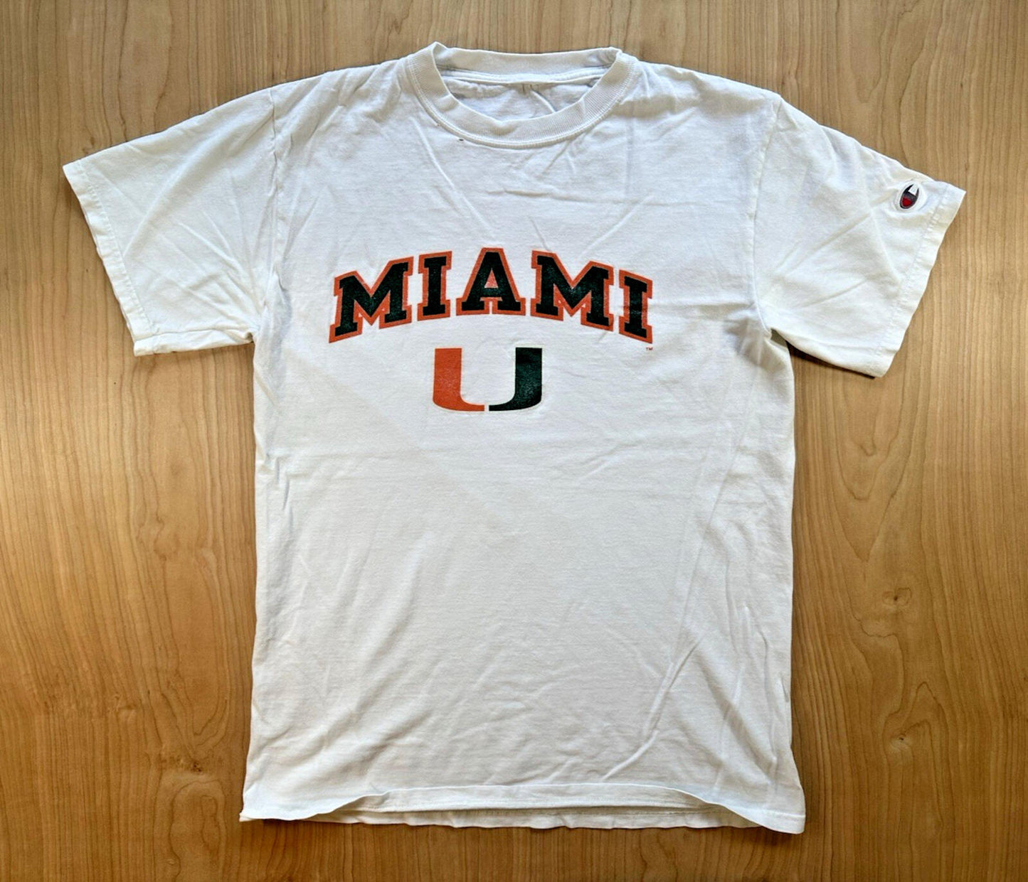vintage UNIVERSITY OF MIAMI champion T SHIRT worn out FADED medium WHITE soft