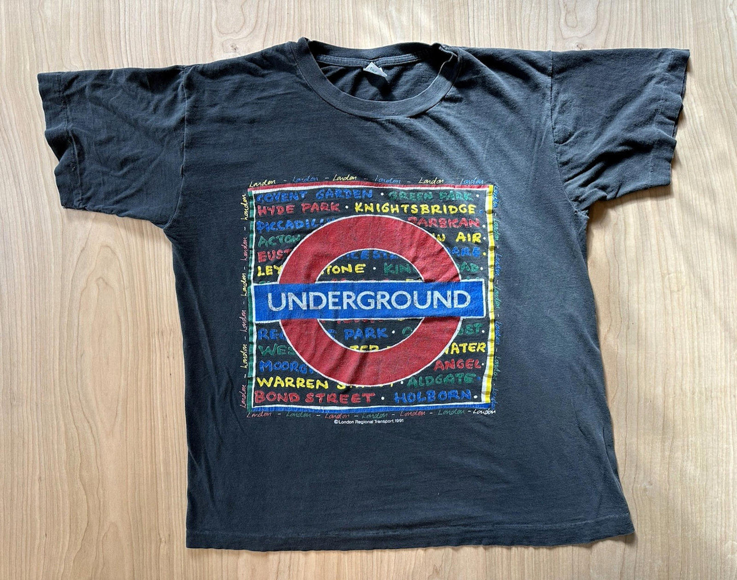 vintage 1991 LONDON UNDERGROUND t shirt LARGE cotton BLACK boho PUNK shred wear