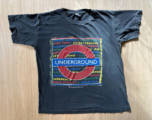 vintage 1991 LONDON UNDERGROUND t shirt LARGE cotton BLACK boho PUNK shred wear