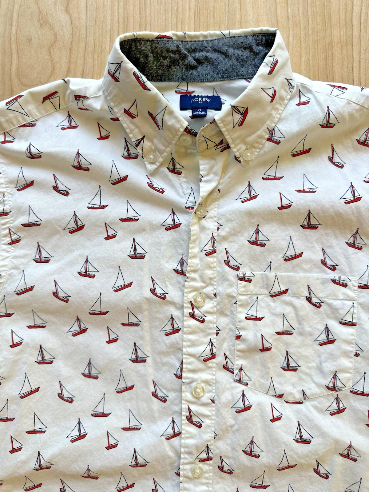 J CREW OXFORD sailboat print BUTTON UP off white XTRA small PREPPY