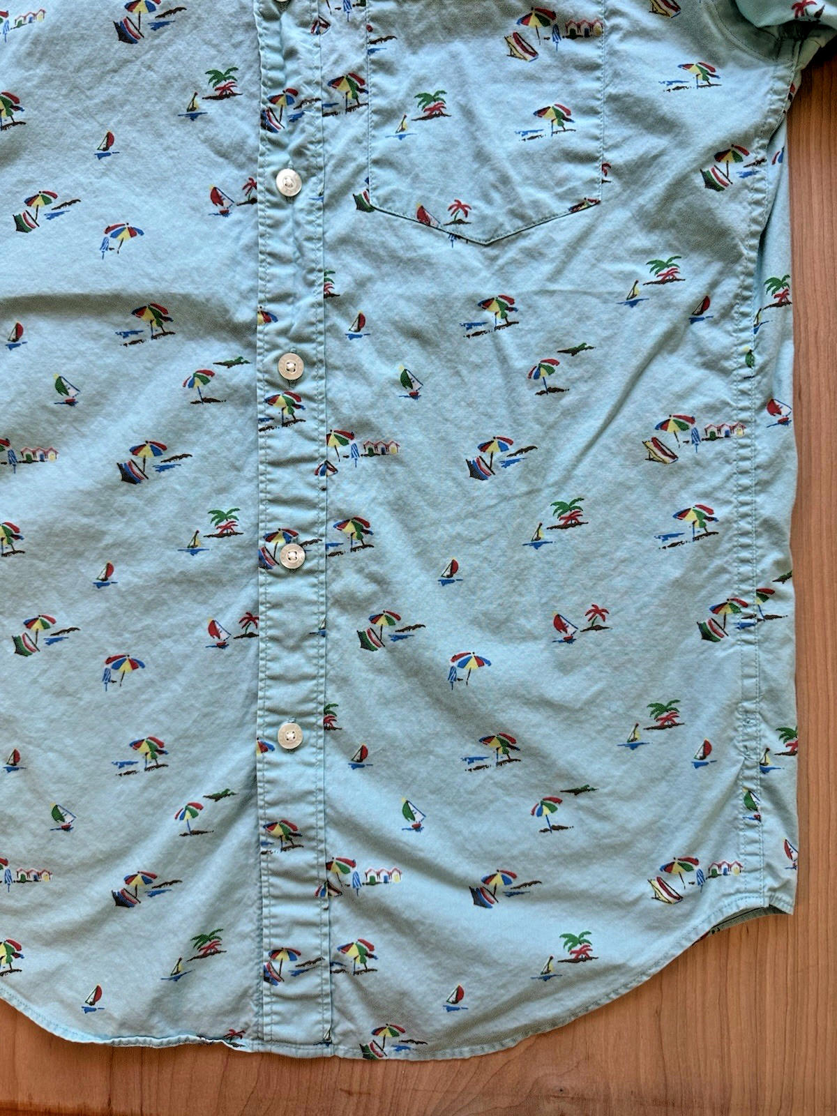 J CREW OXFORD beach print BUTTON UP teal SAILBOAT xtra small PREPPY