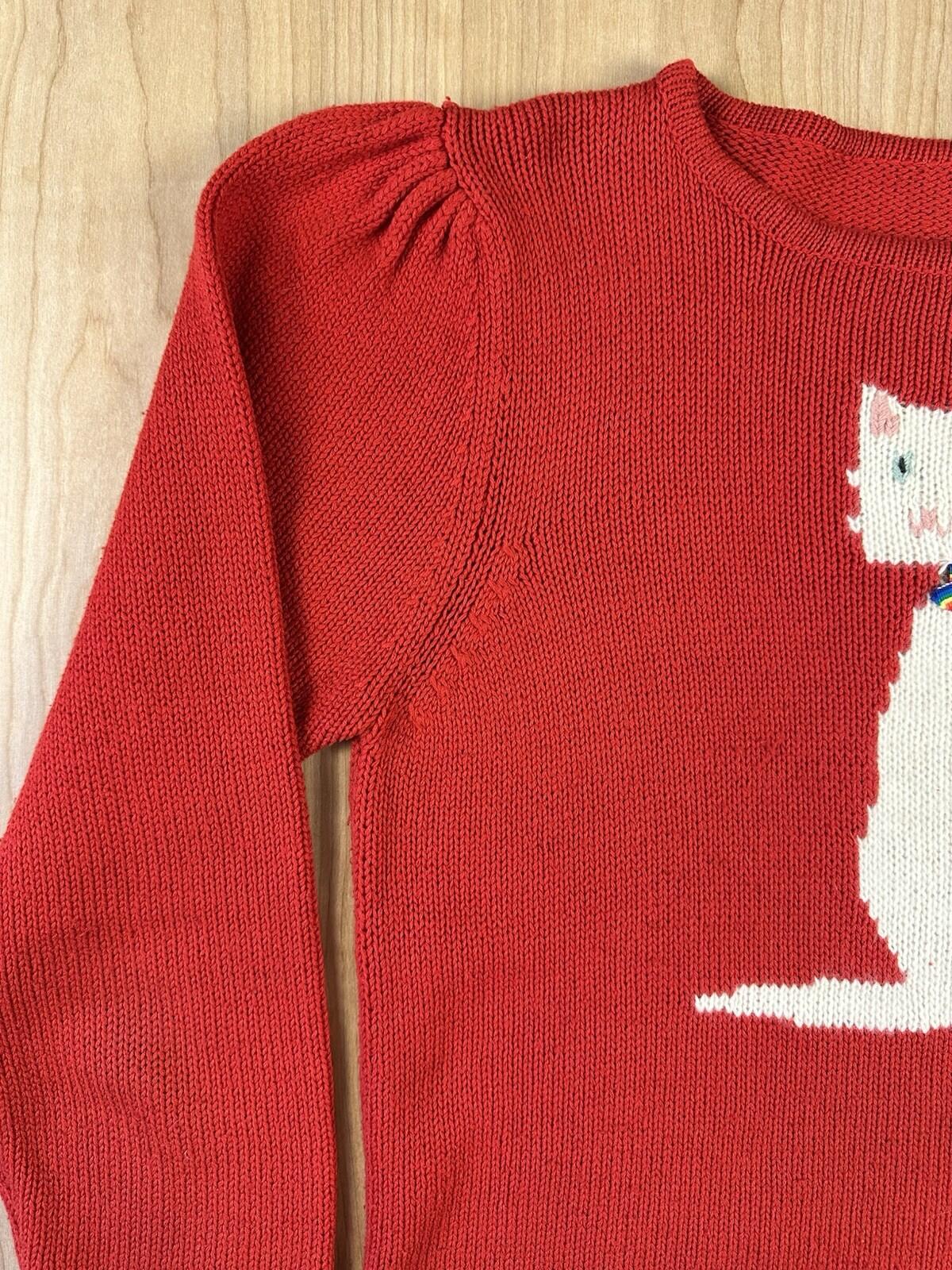 vintage 1980's CAT SWEATER handmade PUFFY SLEEVE red WHITE KITTY valley girl WOW