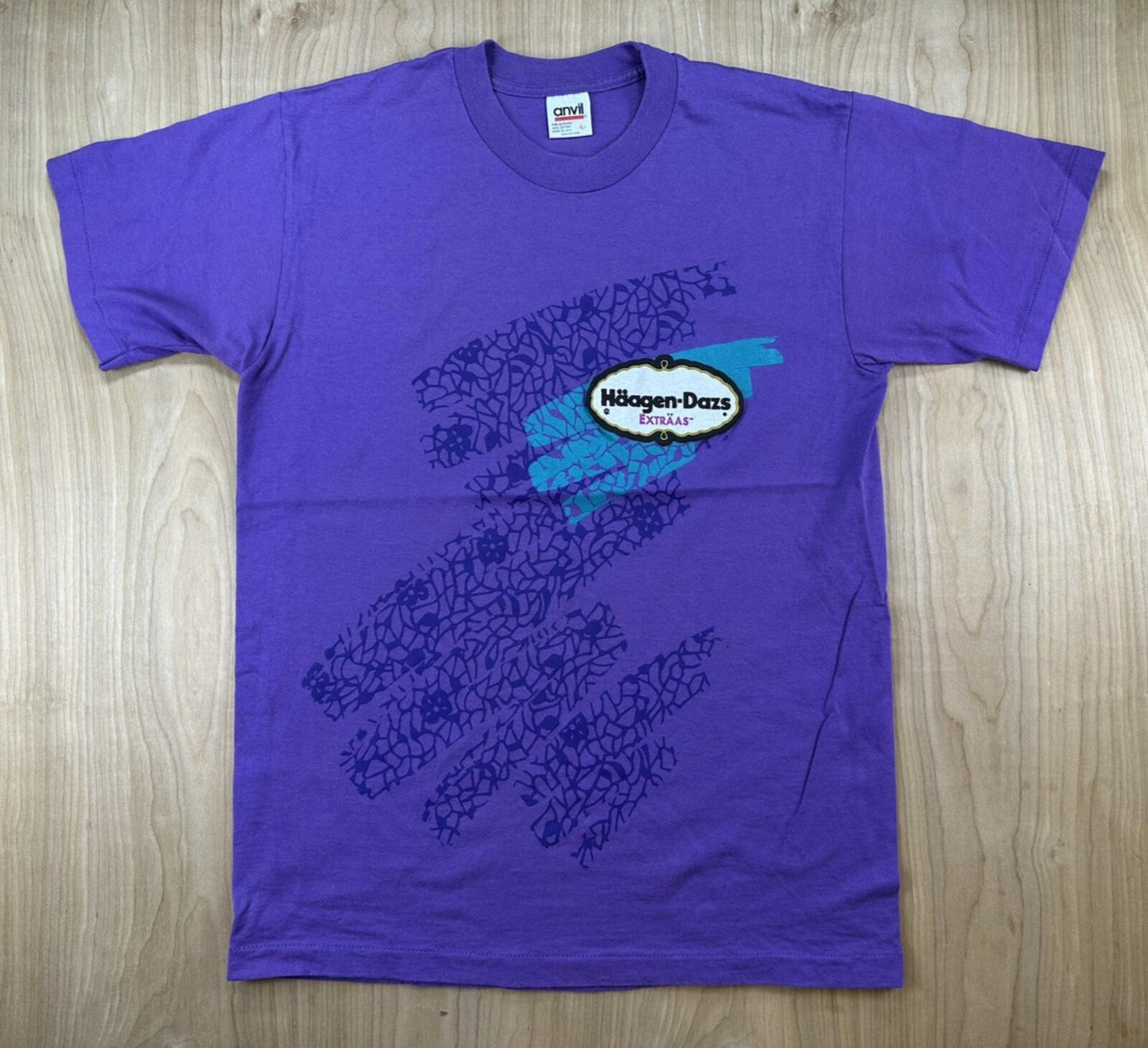 vintage 90's HAAGEN-DAZS ice cream T SHIRT purple COTTON usa made TEAL size LARG