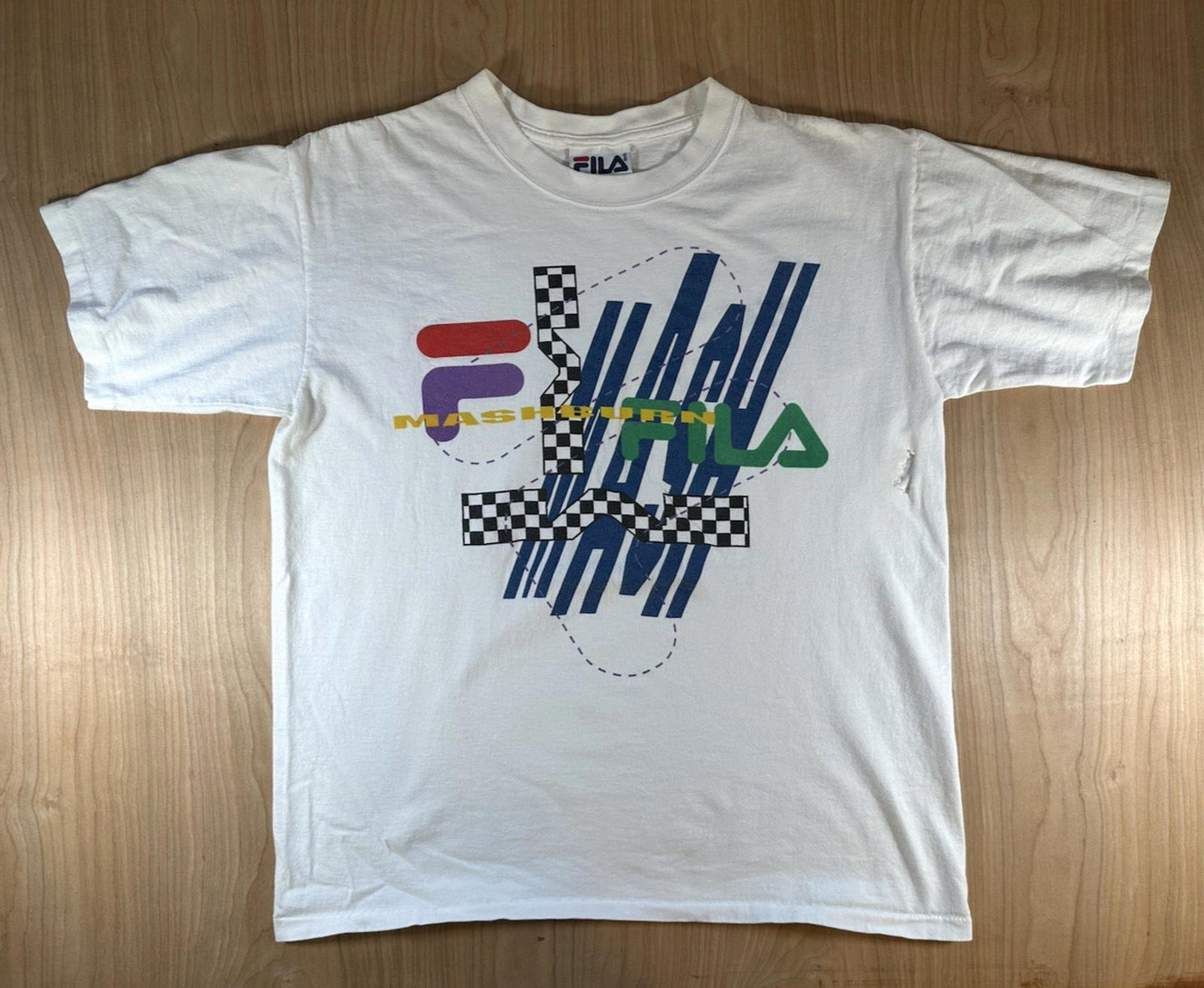 vintage 90's FILA MASHBURN t shirt LARGE white TORN rad BASKETBALL sneakers