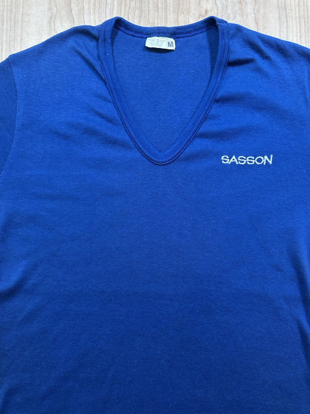 vintage 80's SASSON blue V NECK short sleeve SHIRT medium NEW WAVE valley girl