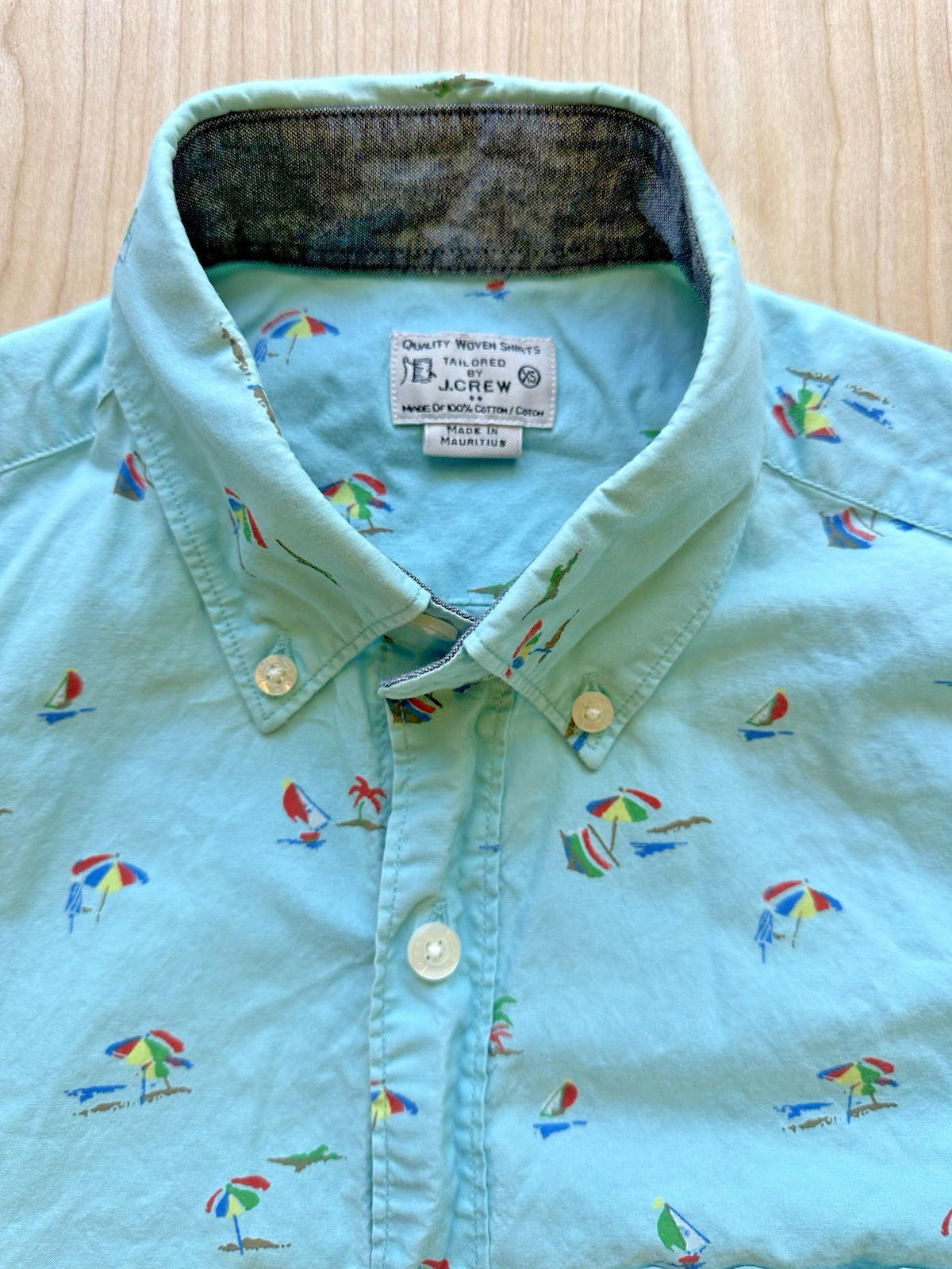 J CREW OXFORD beach print BUTTON UP teal SAILBOAT xtra small PREPPY