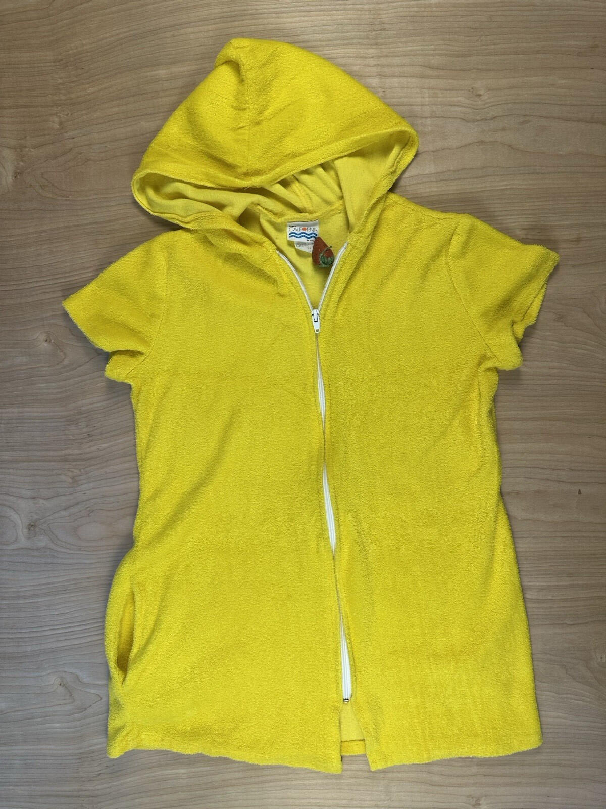 vintage 80's JC PENNY california YELLOW TERRY CLOTH BEACH COVERUP large HOOD