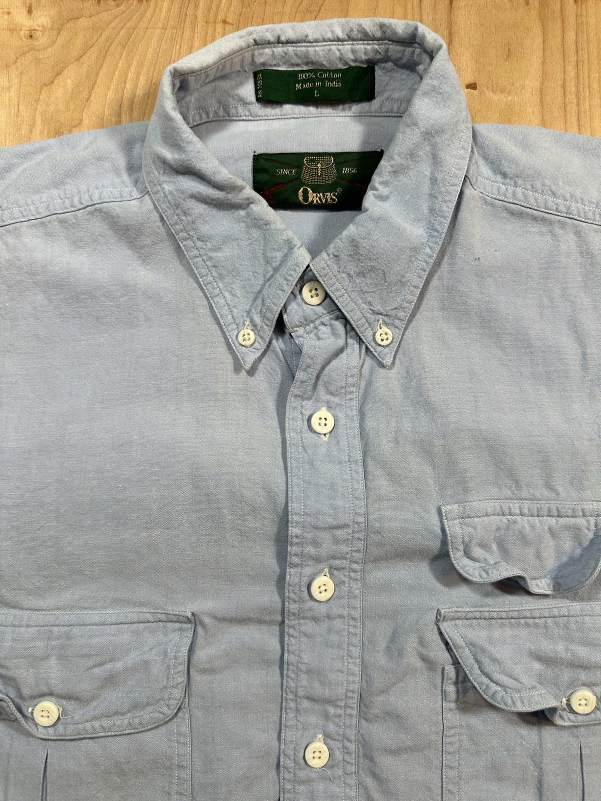 vintage 80's ORVIS button down FISHING SHIRT 100% cotton CHAMBRAY three pockets