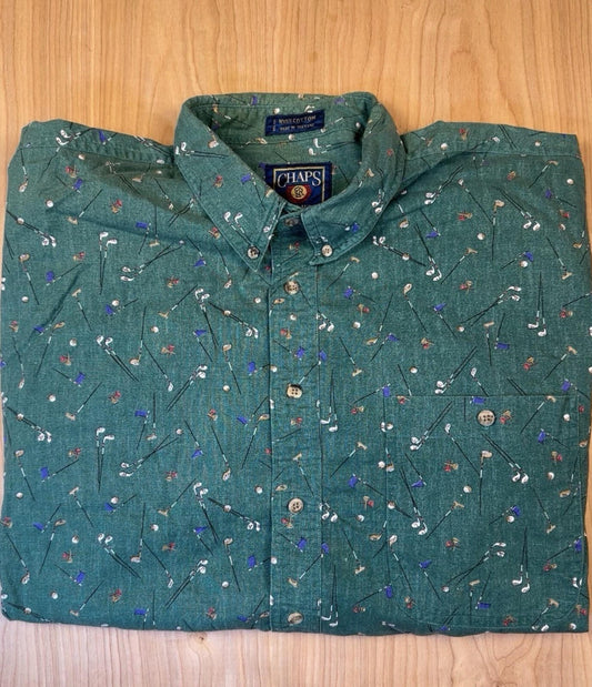 vintage 90's CHAPS RALPH LAUREN button down ALL OVER GOLF PRINT cotton XL green