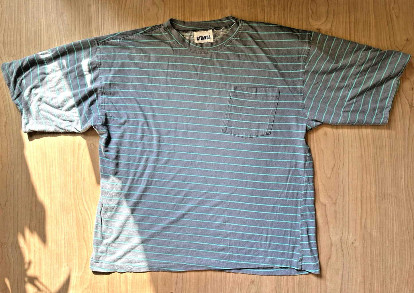vintage 80's GITANO SHIRT teal and gray STRIPED miami vice LARGE rad sleeves
