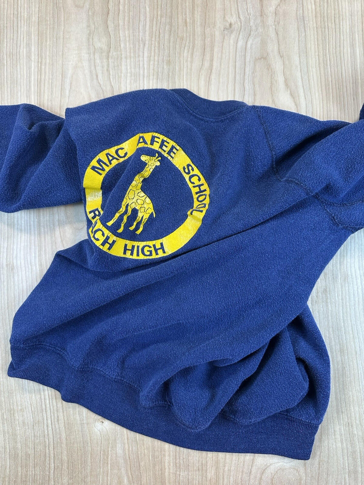 vintage 80's MAC AFEE SCHOOL sweatshirt GIRAFFE raglan BLUE small SOFT WORN wow