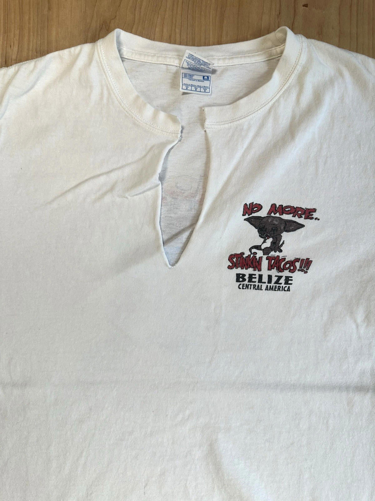 vintage BELIZE thrashed STINKY TACOS medium CUT COLLAR chihuahua SHREDDED