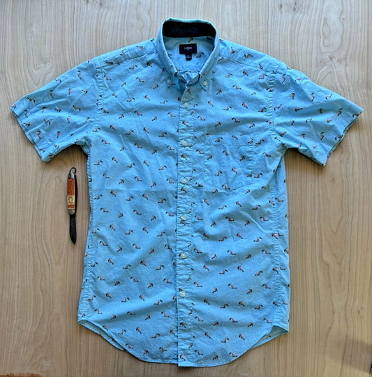J CREW OXFORD tucan print BUTTON UP teal TROPICAL xtra small PREPPY