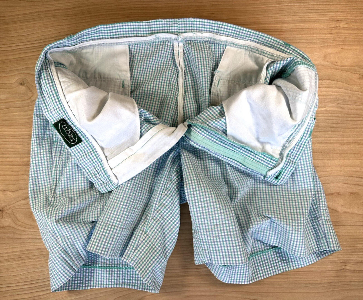 vintage 80's IZOD pleated SHORTS green and blue GINGHAM seersucker PREPPY