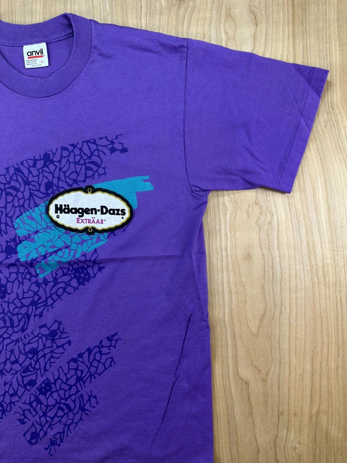 vintage 90's HAAGEN-DAZS ice cream T SHIRT purple COTTON usa made TEAL size LARG