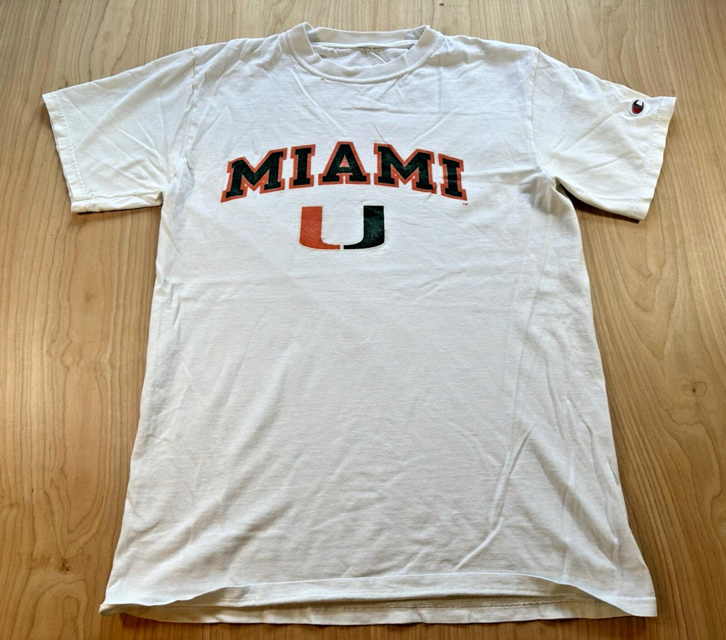 vintage UNIVERSITY OF MIAMI champion T SHIRT worn out FADED medium WHITE soft
