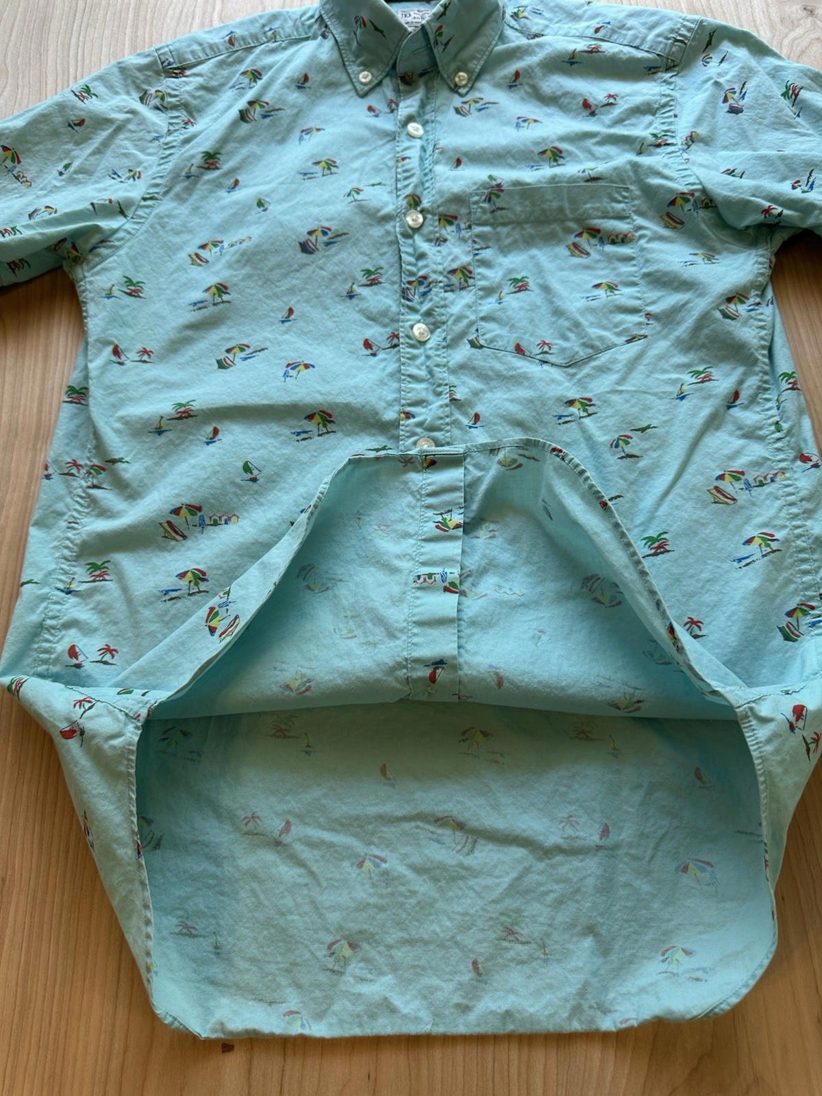 J CREW OXFORD beach print BUTTON UP teal SAILBOAT xtra small PREPPY