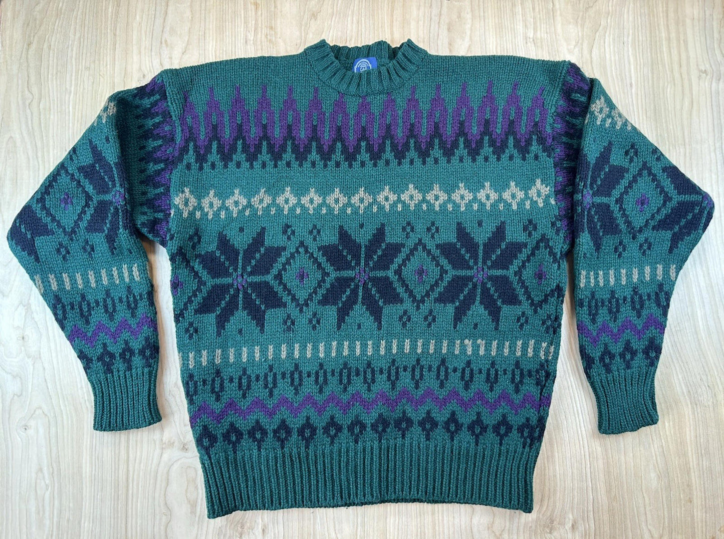 vintage 80's GAP 100% wool NORDIC SWEATER large GREEN purple PREPPY