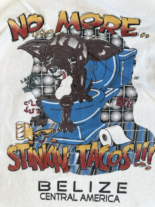 vintage BELIZE thrashed STINKY TACOS medium CUT COLLAR chihuahua SHREDDED