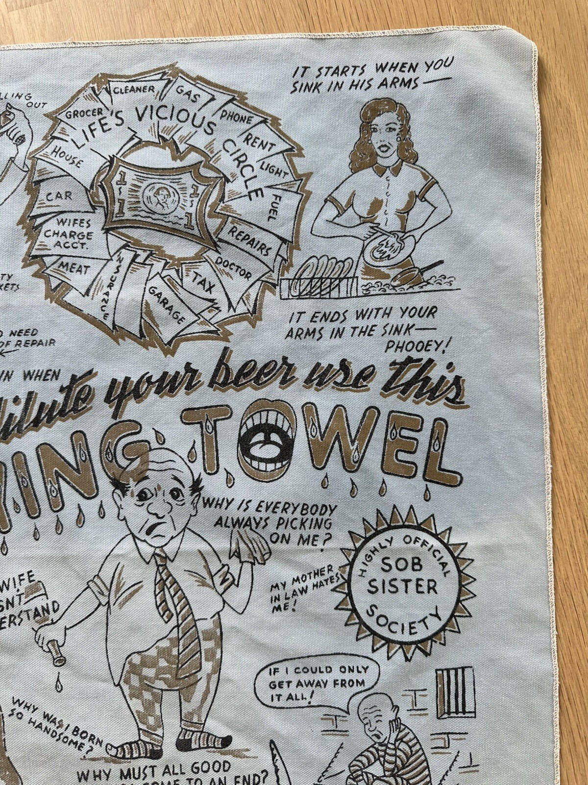 vintage 50's 60's bar ware TEA crying TOWEL cartoon comedy TATTOO FLASH