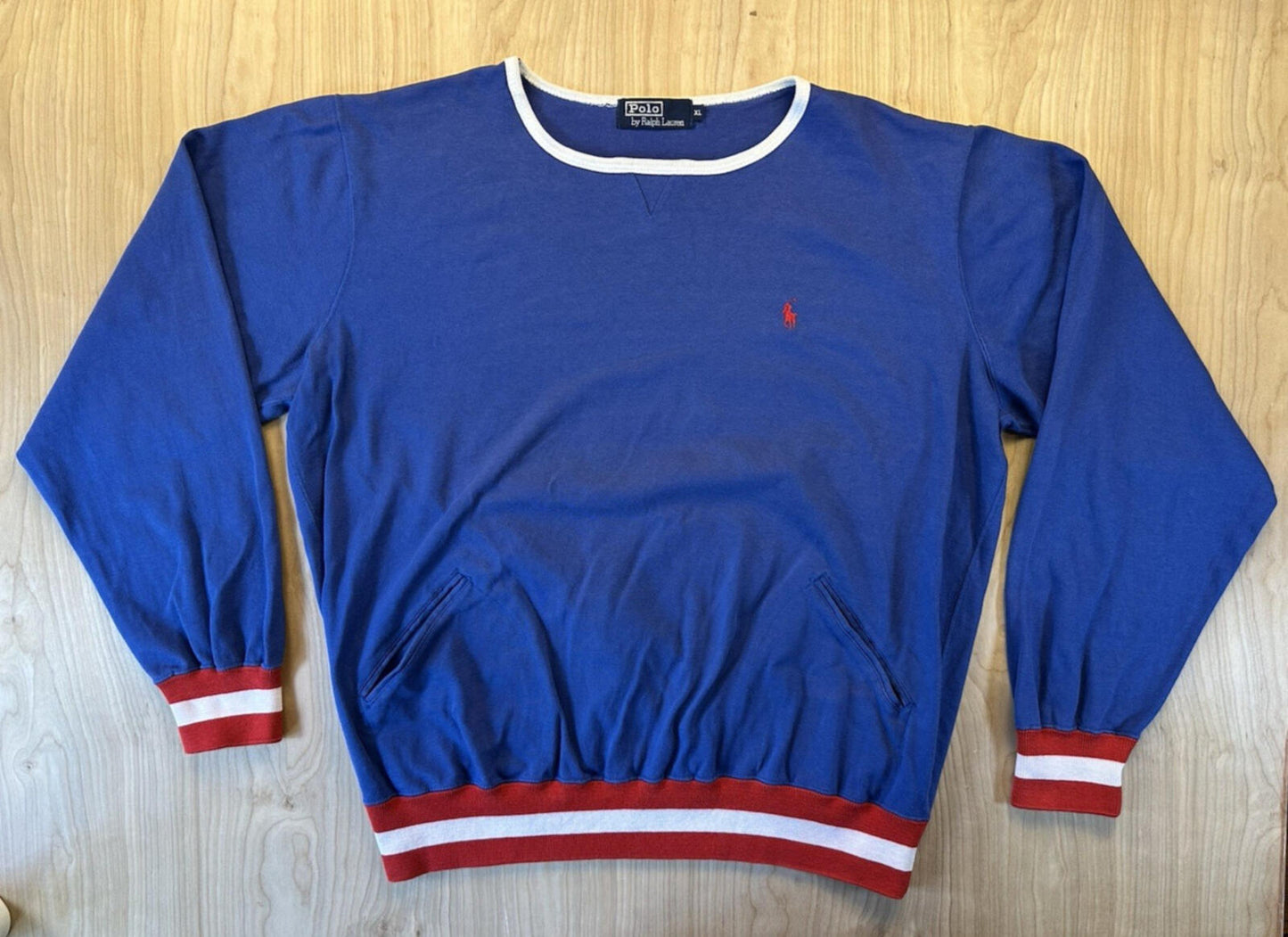 vintage POLO crewneck SWEATSHIRT red white blue STRIPE pockets XTRA LARGE
