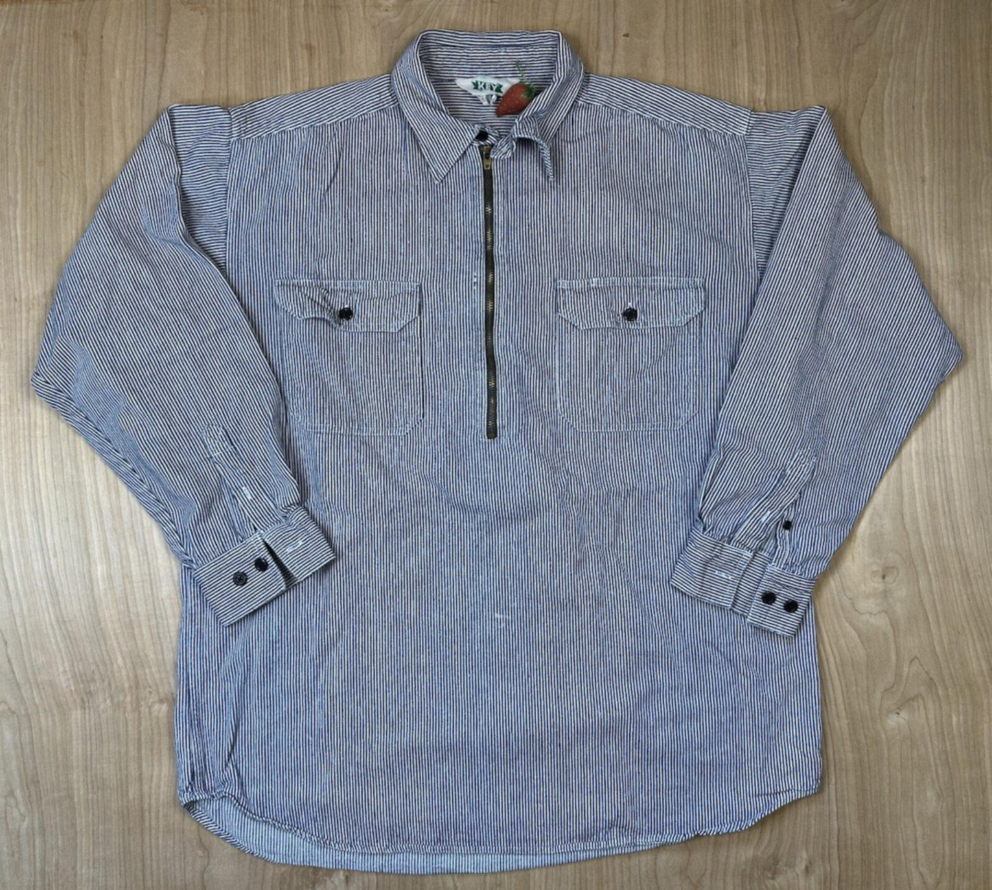vintag 80's KEY hickory stripe logger workshirt COTTON large ZIP UP WORKWEAR