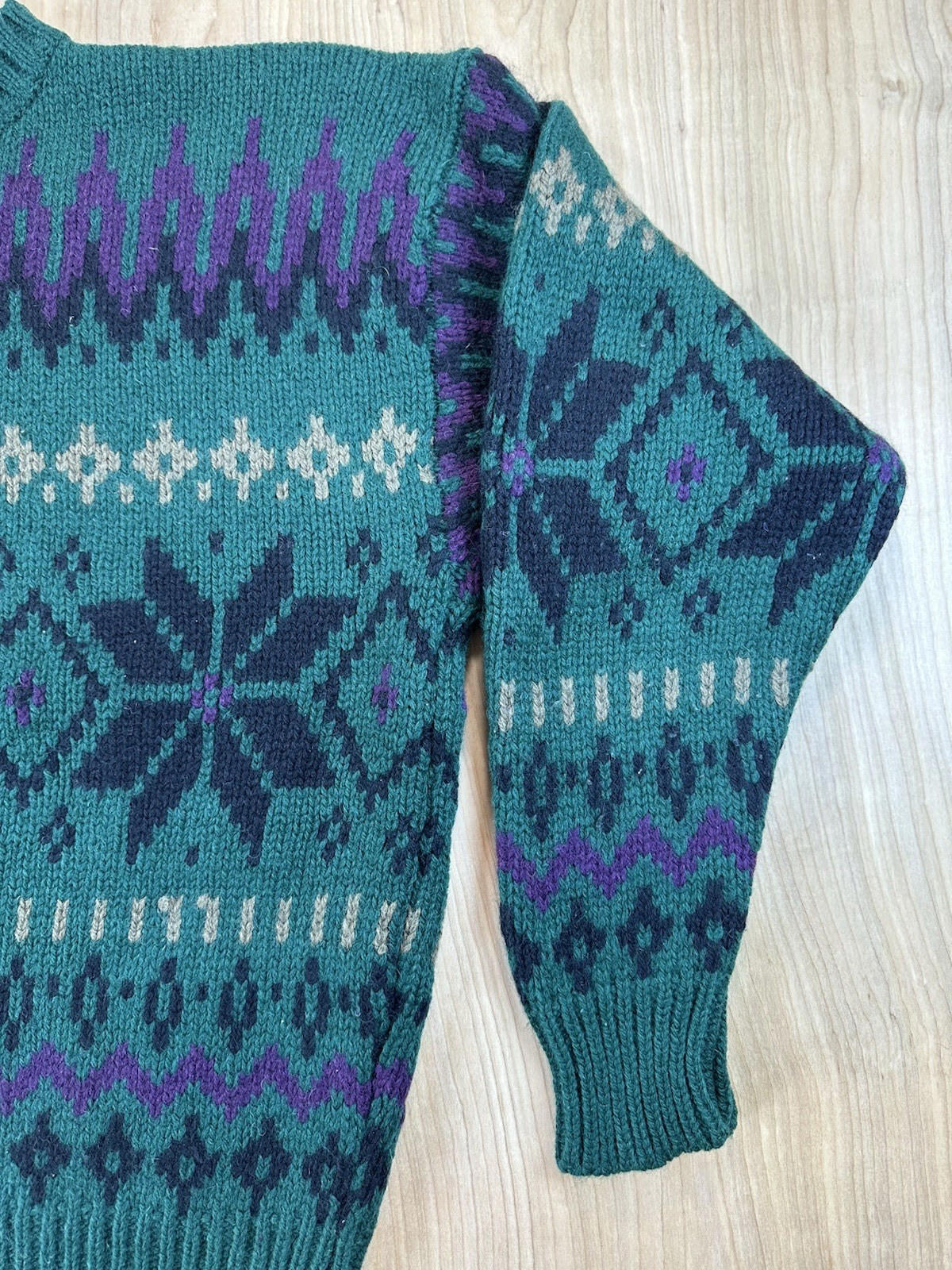 vintage 80's GAP 100% wool NORDIC SWEATER large GREEN purple PREPPY