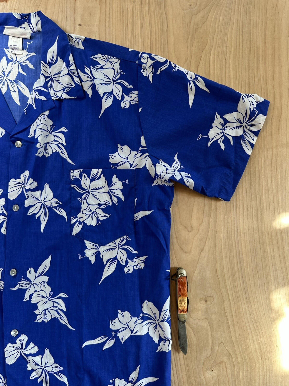 vintage 60's AIKANE HAWAIIN SHIRT Large UNWORN unwashed SUPER CRISP blue