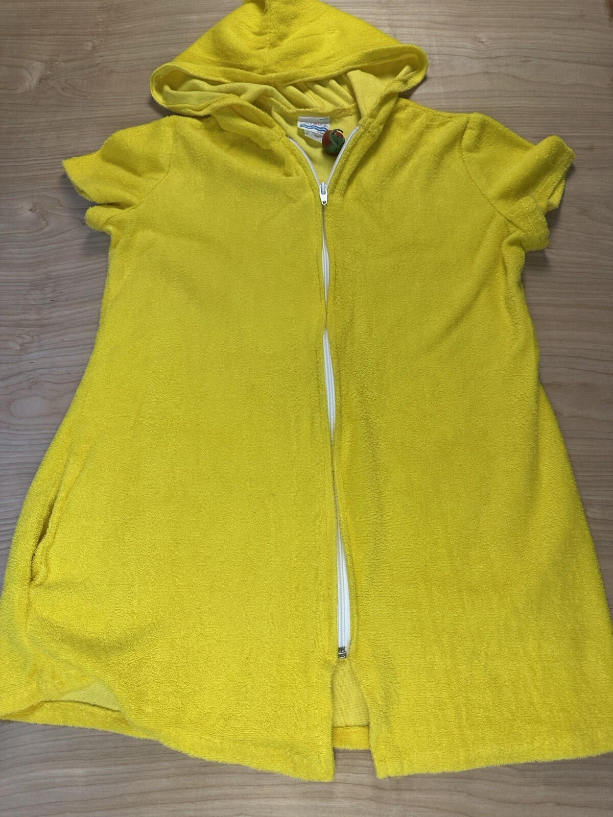 vintage 80's JC PENNY california YELLOW TERRY CLOTH BEACH COVERUP large HOOD