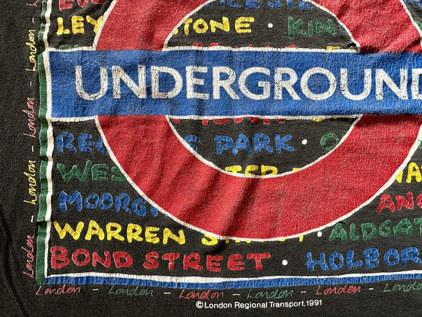 vintage 1991 LONDON UNDERGROUND t shirt LARGE cotton BLACK boho PUNK shred wear