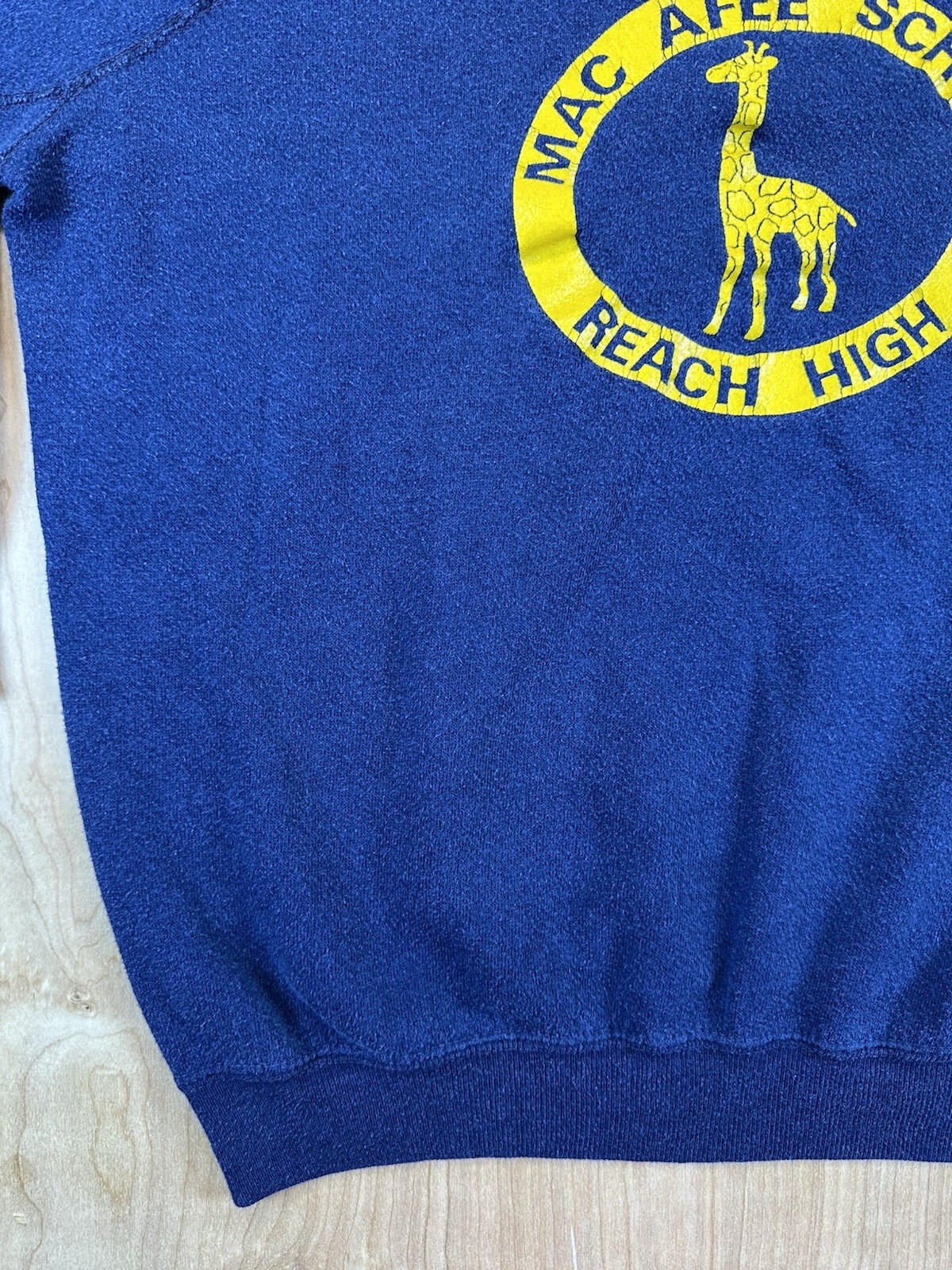 vintage 80's MAC AFEE SCHOOL sweatshirt GIRAFFE raglan BLUE small SOFT WORN wow