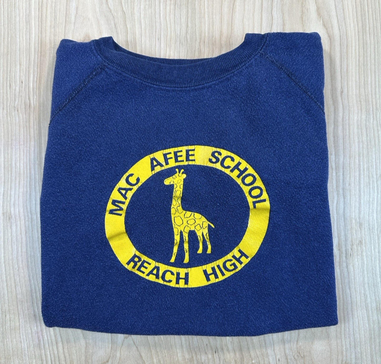 vintage 80's MAC AFEE SCHOOL sweatshirt GIRAFFE raglan BLUE small SOFT WORN wow