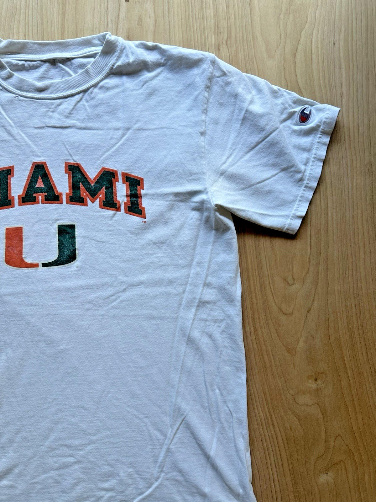 vintage UNIVERSITY OF MIAMI champion T SHIRT worn out FADED medium WHITE soft