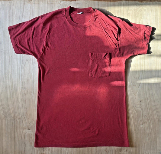vintage 1980's FRUIT OF THE LOOM blank POCKET T SHIRT fire engine red LARGE