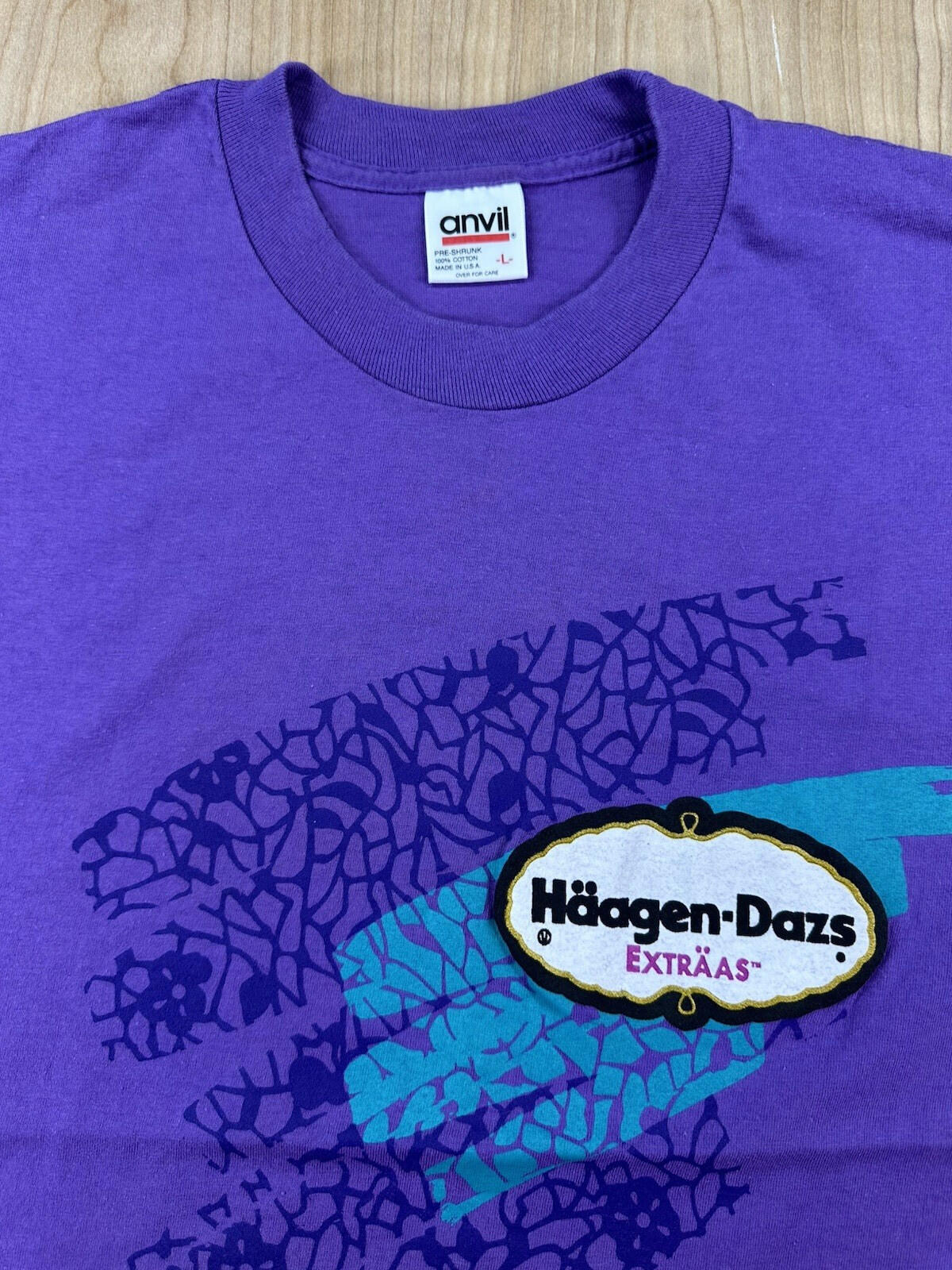 vintage 90's HAAGEN-DAZS ice cream T SHIRT purple COTTON usa made TEAL size LARG