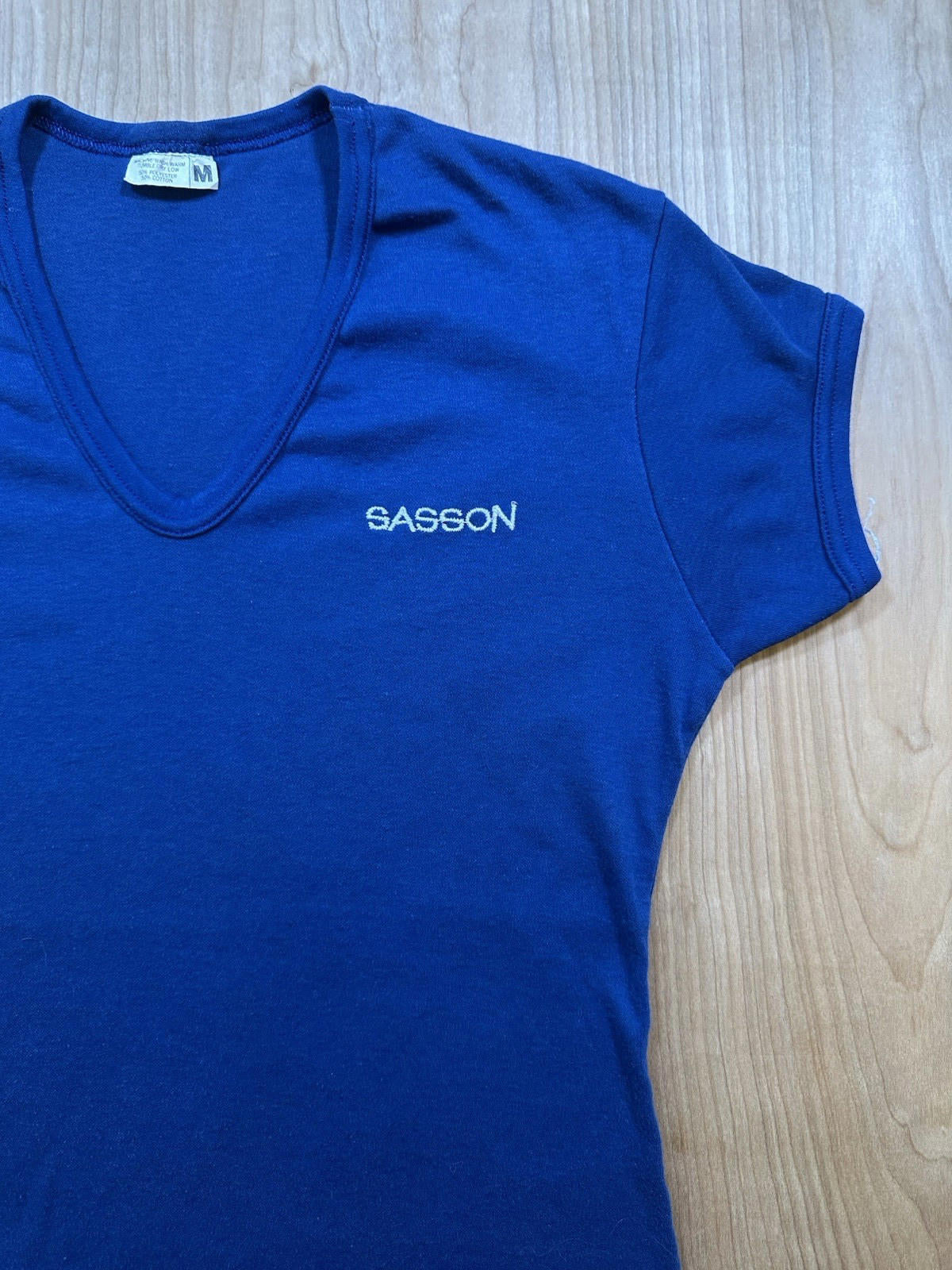 vintage 80's SASSON blue V NECK short sleeve SHIRT medium NEW WAVE valley girl