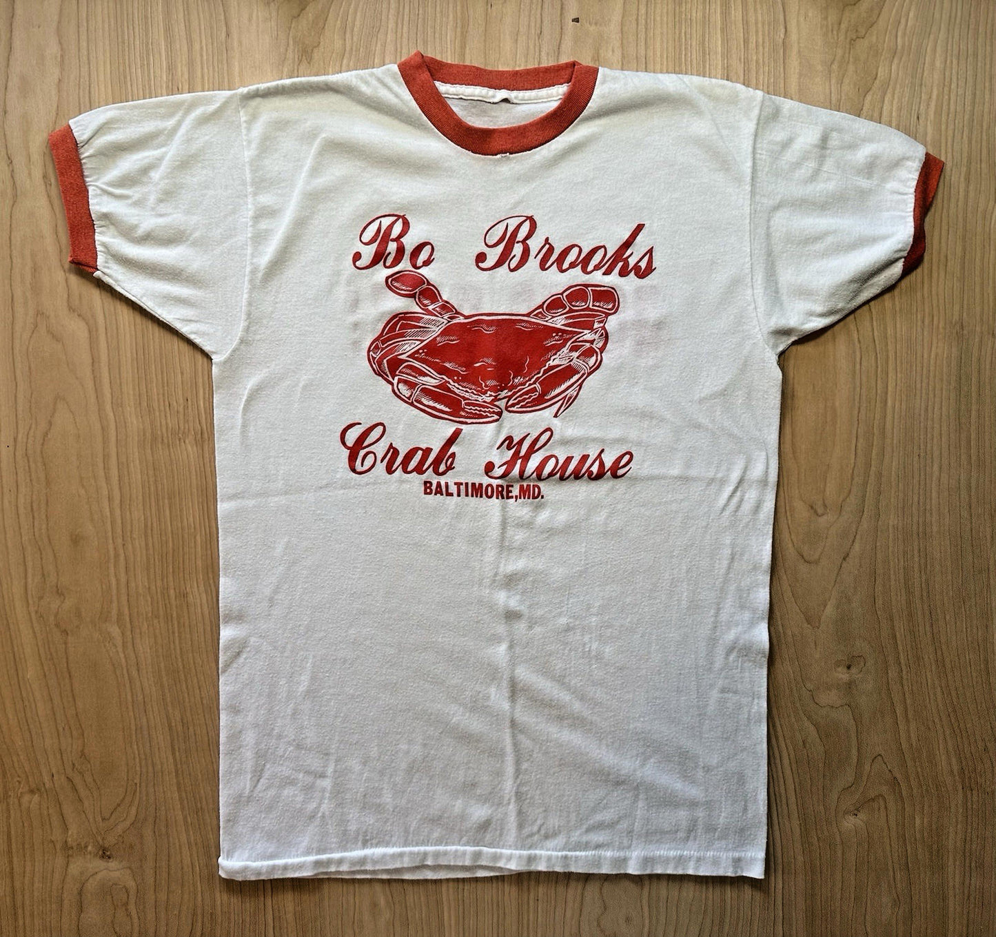 BO BROOKS CRAB HOUSE vintage RINGER T SHIRT single stitch 1980 BALTIMORE rare