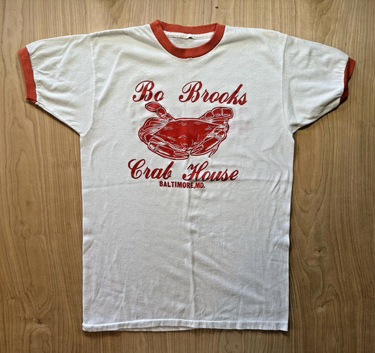 BO BROOKS CRAB HOUSE vintage RINGER T SHIRT single stitch 1980 BALTIMORE rare