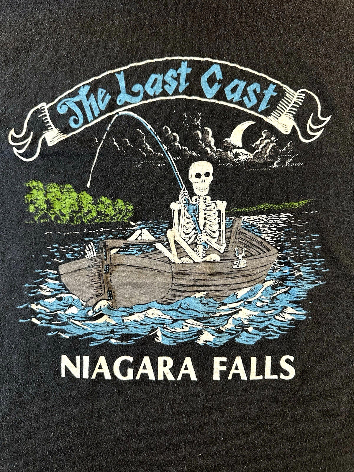 vintage 80's NIAGRA FALLS t shirt FISHING skeleton XL black THE LAST CAST funny