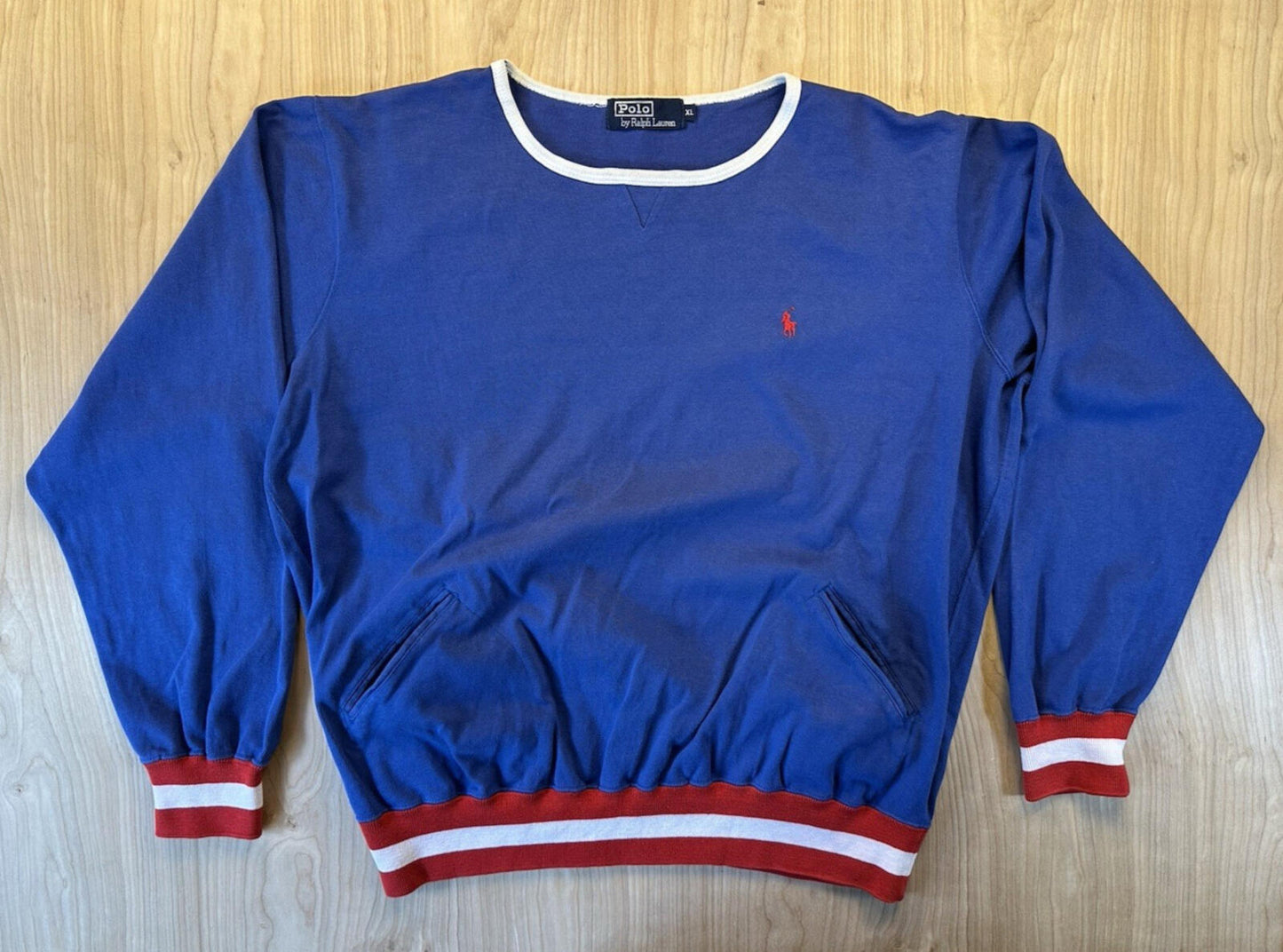 vintage POLO crewneck SWEATSHIRT red white blue STRIPE pockets XTRA LARGE