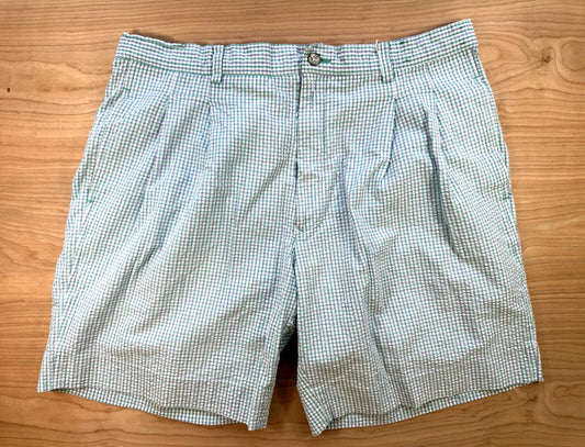 vintage 80's IZOD pleated SHORTS green and blue GINGHAM seersucker PREPPY
