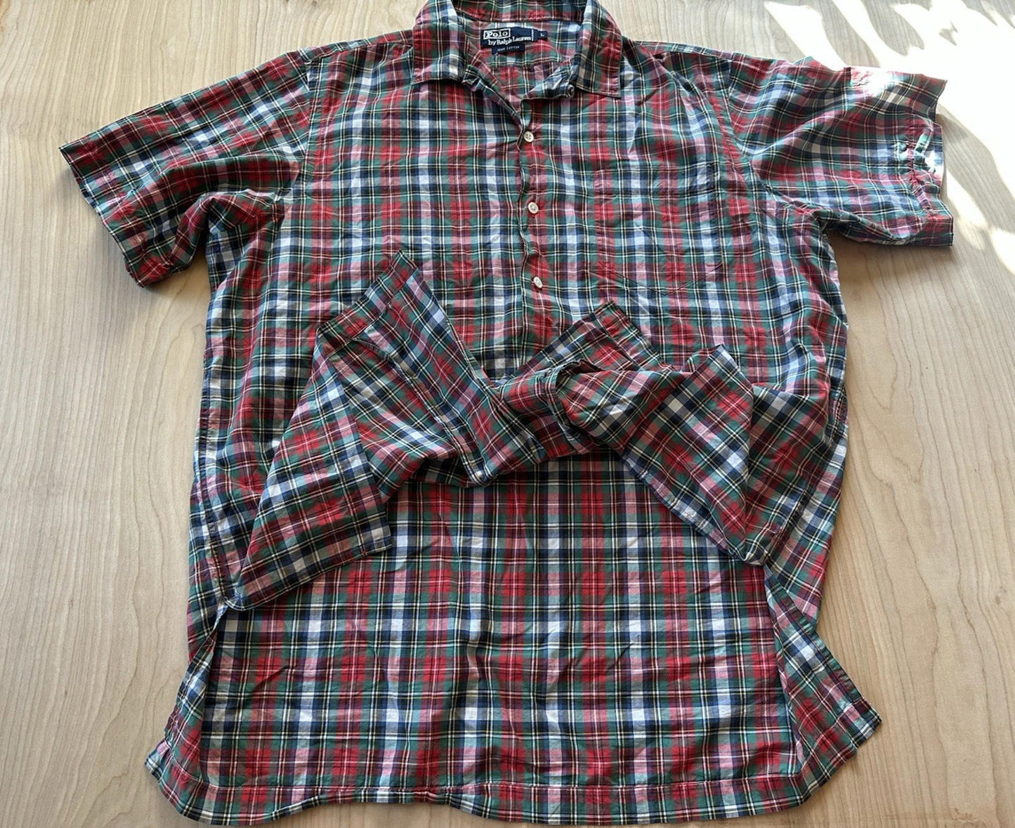 vintage 90's POLO RALPH LAUREN plaid CAMP COLLAR size LARGE striaght hem