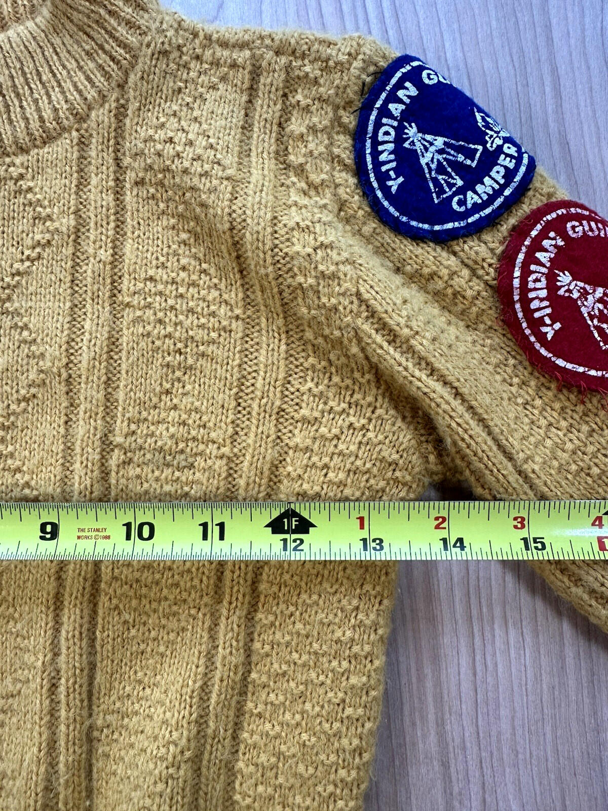 vintage kid size mustard yellow BOY SCOUT SWEATER mock neck home made 1970's