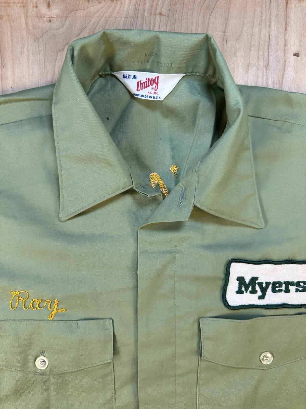 vintage 60's CHAIN STITCH large patch UNITOGG work shirt MEDIUM green USA made