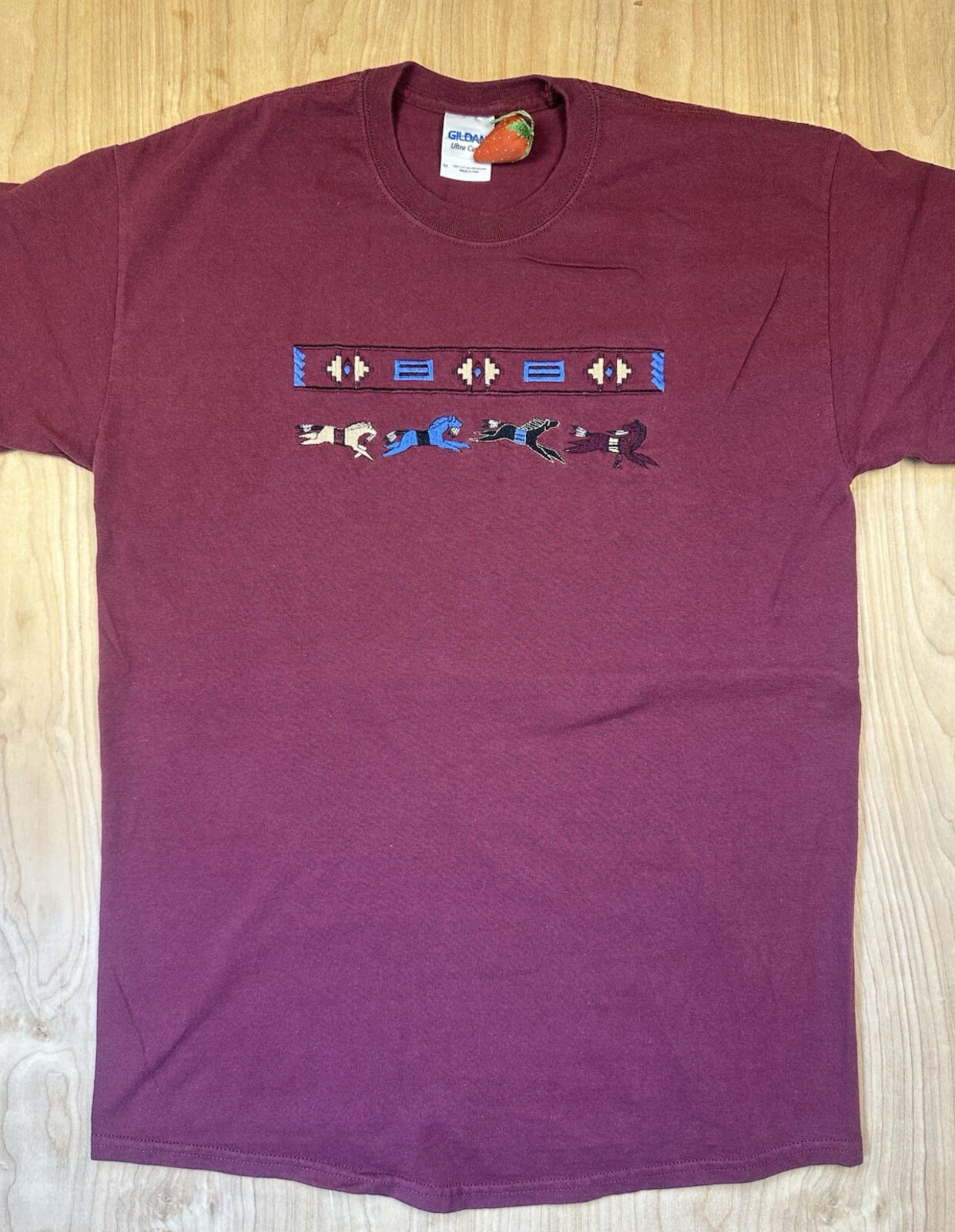 vintage 90's HORSES SOUTH WESTERN embroidered T SHIRT maroon MEDIUM indian AZTEC